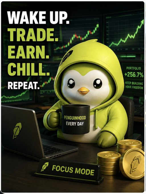 A motivational poster featuring a penguin mascot in a green hoodie holding a 'PENGUINHOOD EVERY DAY' mug, with text reading 'WAKE UP. TRADE. EARN. CHILL. REPEAT.' and a 'PORTFOLIO +256.7%' stat.