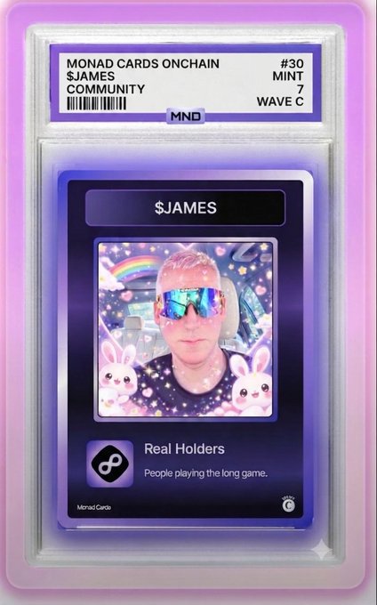A graded Monad Cards Onchain card featuring "$JAMES" (Mint #30, Mint 7, Wave C) showcases a portrait of a person wearing reflective sunglasses against a whimsical background with rainbow, stars, and bunnies, labeled "Real Holders - People playing the long game." The post notes this as a leaked look at the upcoming $JAMES Monad Card collectible.