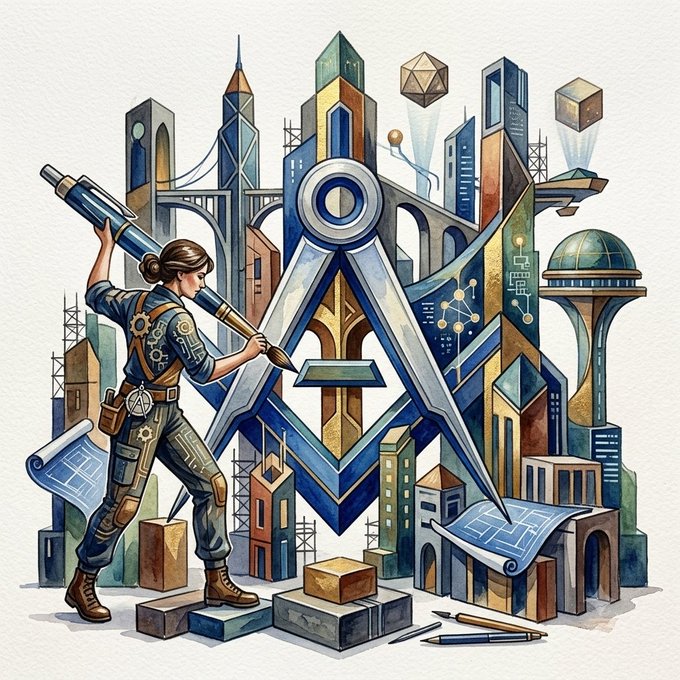 A watercolor-style illustration depicting an artist with a giant pencil drawing on architectural elements, with a large compass-like geometric structure in the center.