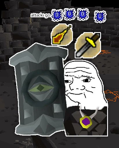 A meme featuring the "Wojak with a shield" character standing behind a large tower shield with an emerald eye emblem, defending against attack indicators showing "attacks go 0-0-0-0" alongside icons of a rune dagger and dagger, humorously illustrating the caption about successfully "fud rushing" (fending off) attempted attacks.