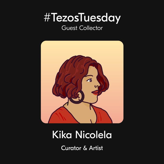 The image is a promotional graphic for "#TezosTuesday" featuring a Guest Collector announcement. It displays a stylized illustration of a woman with curly red hair in profile, wearing a red top against a gradient peach background. Below the artwork, the text identifies her as "Kika Nicolela," a "Curator & Artist" who, according to the post, serves as head curator at objkt and will be collecting 500 tez worth of art from the community that week.