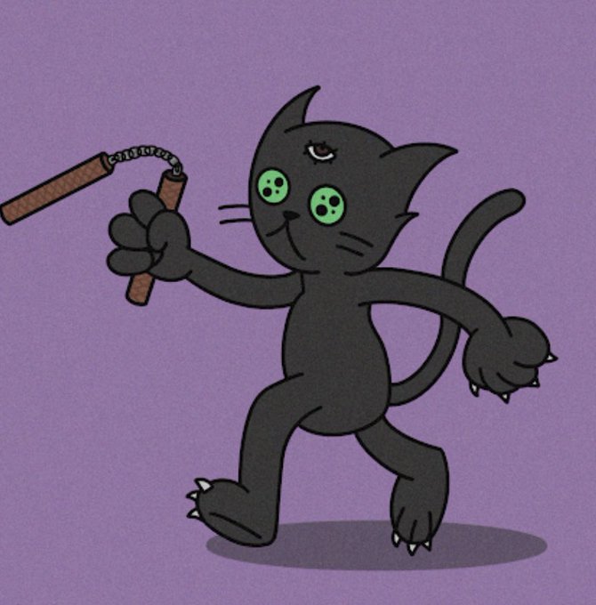 A cartoon illustration of a black cat wielding nunchucks against a purple background.