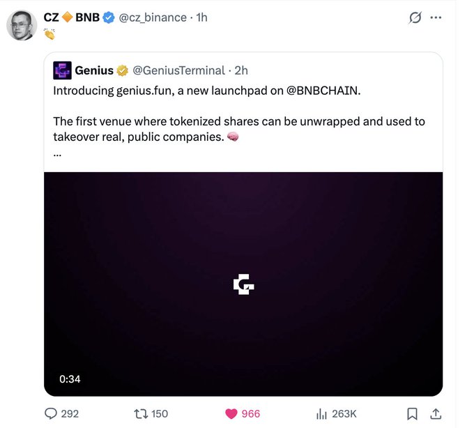 A Twitter post from CZ (@cz_binance) quoting a tweet from Genius (@GeniusTerminal) announcing 'genius.fun, a new launchpad on @BNBCHAIN' for tokenized shares to takeover public companies, showing 263K views and 966 likes.