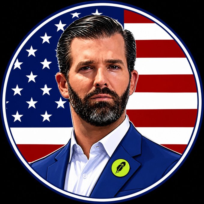 A stylized portrait illustration of Donald Trump Jr. wearing a blue suit with a green pin, set against a circular American flag background.