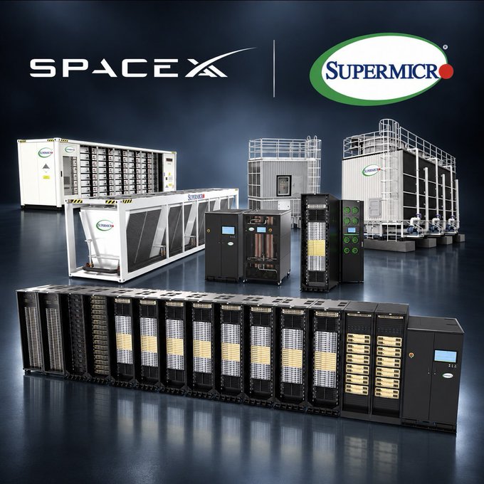 A promotional product display featuring SpaceX and Supermicro logos at the top, showcasing various server racks, data center units, and cooling systems arranged together.