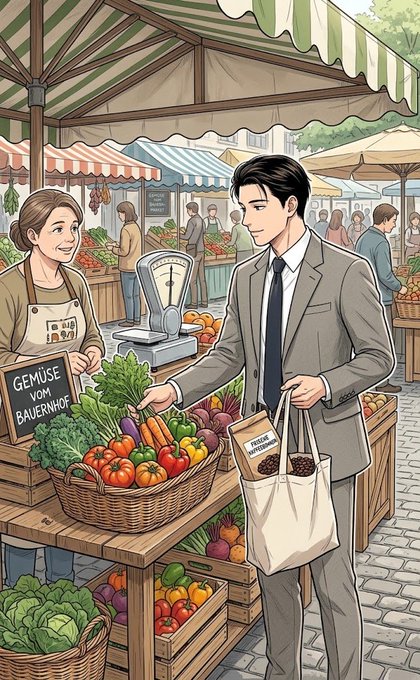 An illustrated scene of a man in a gray suit shopping for vegetables at an outdoor market stall, with a chalkboard sign reading 'GEMÜSE VOM BAUERNHOF'.