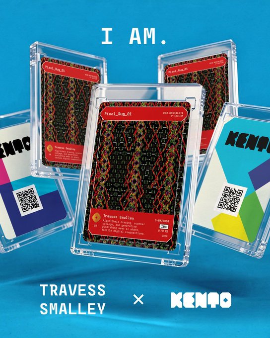 Promotional graphic reading 'I AM. TRAVESS SMALLEY x KENRO' showing artist trading cards in protective sleeves, with QR codes and text 'Pixel_Bug_01' and 'Travess Smalley, 2.20.2024, Algorithms pioneer, creator and generative artist, 3.72 KB'.
