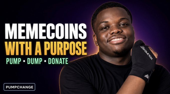 A promotional graphic for 'PUMPCHANGE' featuring a smiling man wearing an 'ARGATOK' hand wrap, with bold text reading 'MEMECOINS WITH A PURPOSE' and 'PUMP • DUMP • DONATE'.