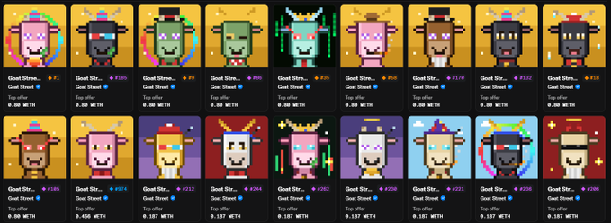 A grid of 18 pixel-art NFT avatars from the "Goat Street" collection, each labeled "Goat Street," "Goat Street," and "Top offer 0.00 METH."