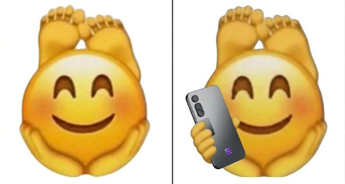 The image features two yellow smiley face emojis with their feet up, one holding a cell phone and smiling while the other has its foot raised as well but does not have a cell phone. The text at the bottom of the image reads "This is what doing hamstring curls at the gym looks like after a great week for the ecosystem @solanamobile".