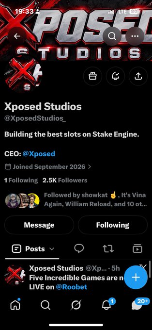 Twitter/X profile page for 'Xposed Studios' (@XposedStudios_) with 2.5K followers, describing themselves as 'Building the best slots on Stake Engine.'