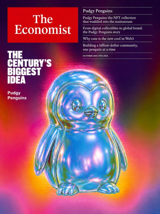 A mock Economist magazine cover featuring a translucent chrome Pudgy Penguin with text 'THE CENTURY'S BIGGEST IDEA' and headlines about Pudgy Penguins NFT collection, October 3rd-9th 2026.