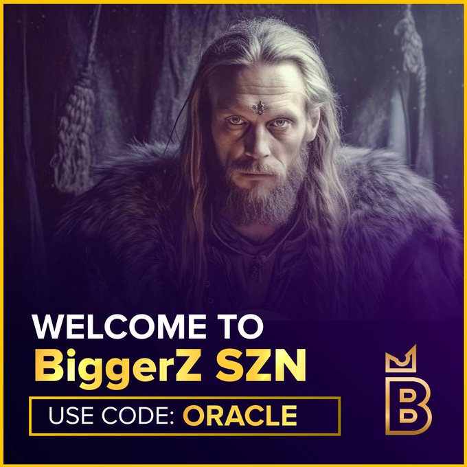 A promotional advertisement featuring a rugged man with long blonde hair and a fur cloak, advertising 'BiggerZ SZN' with a discount code 'ORACLE' and a logo for 'MB' in the bottom right corner.