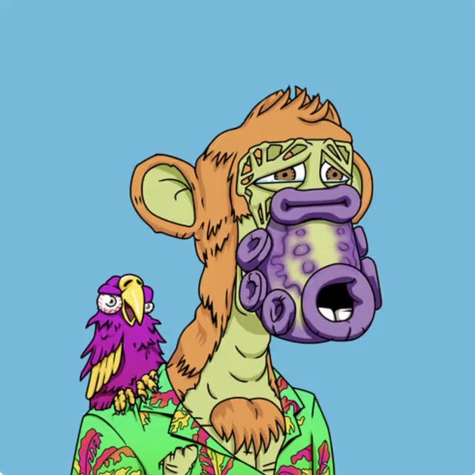 A stylized digital illustration of a monkey wearing a purple gas mask and a colorful Hawaiian shirt, with a purple and yellow parrot perched on its shoulder against a blue background.
