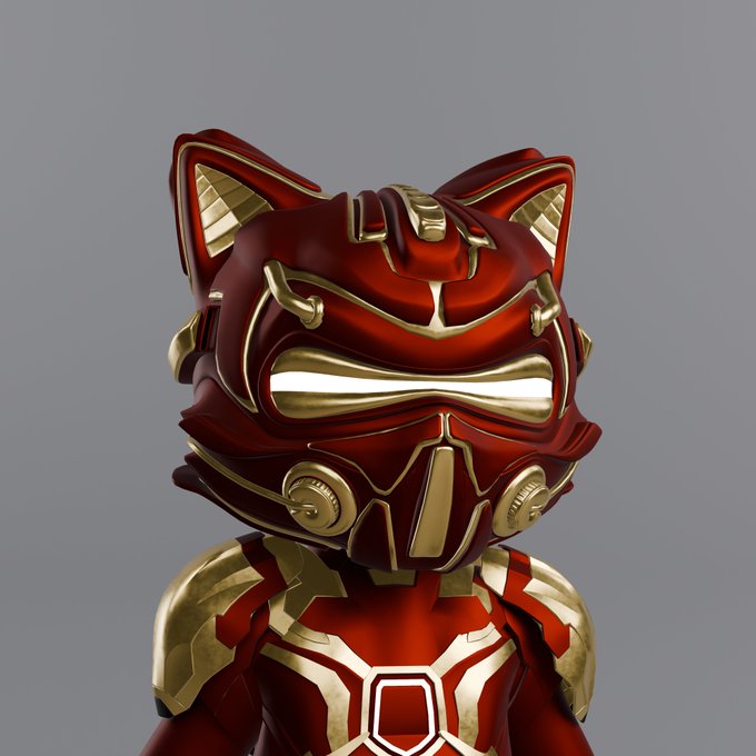 A 3D-rendered character wearing a glossy red and gold helmet with cat-like ears and a stylized armored suit, displayed against a gray background.