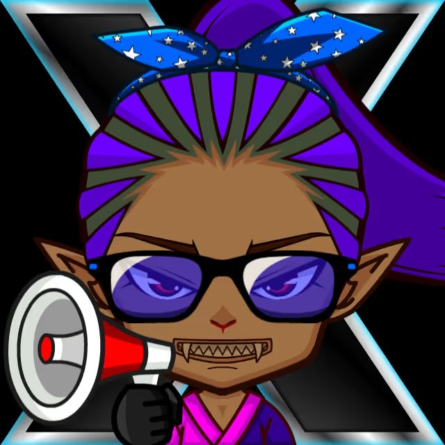 A stylized cartoon character with purple hair, a star-patterned bandana, purple sunglasses, and a megaphone makes a bold statement against an X-shaped background. The image ties to the post's nighttime sign-off for "GFT GN," projecting a loud, attention-grabbing "good night" to the GFT community.