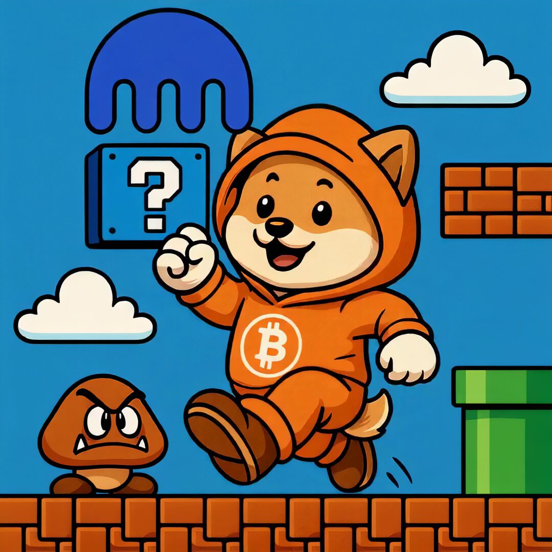 The image features a cartoon dog wearing an orange hoodie, which has a "B" logo on its chest. The dog appears to be running or jumping over a brick wall with a green box below it. In the background, there are blue and white clouds, as well as a blue mushroom that resembles a question mark.

The post reads: "$DOG @krakenfx". This means that the image is related to a character named "DOG" from a video game or animated series called "krakenfx", which features a brown dog with an orange hoodie and a blue mushroom on its chest. The dog is shown running over a brick wall, jumping over it, and interacting with a green box below.