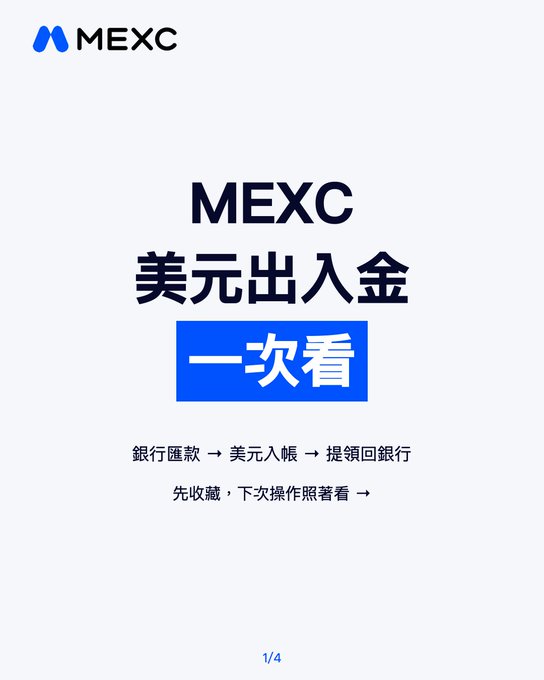 A MEXC promotional graphic in Chinese announcing a guide on USD deposits and withdrawals, with the text 'MEXC 美元出入金 一次看' (MEXC USD Deposit/Withdrawal Guide).