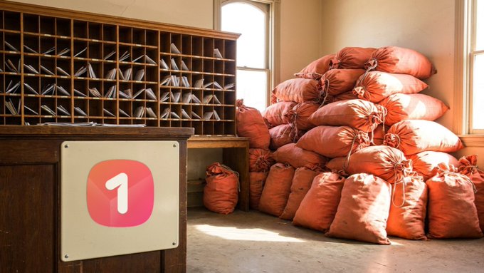 A traditional post office interior features a wooden sorting cabinet with mail slots on the left, while a large pile of orange mailbags is stacked against the wall on the right. In the foreground, a wooden podium displays a sign with the number "1," playfully representing the "1.37M wallets joined ONEchain in August" milestone as if it were a designated delivery or sorting station.