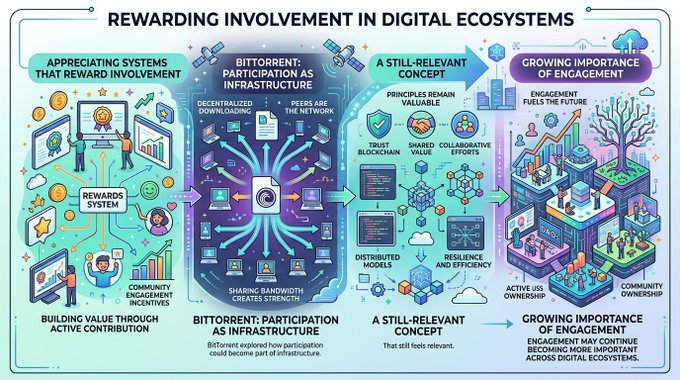 The image features a flowchart that illustrates the concept of rewarding involvement in digital ecosystems, specifically focusing on the BitTorrent platform. The flowchart shows various stages or processes within the ecosystem, such as user engagement, community building, and contribution to the platform's growth. It also highlights how these elements can be rewarded through participation, which is still relevant today. The post mentions that this concept could apply to other platforms as well, emphasizing its universal applicability in digital ecosystems.