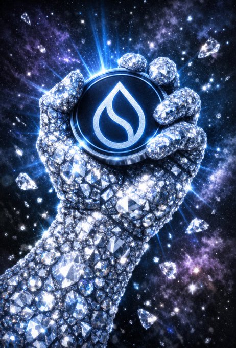 A hand made entirely of sparkling diamonds holds a glowing Sui (SUI) cryptocurrency coin against a cosmic starry background.