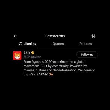 The image displays an Instagram post activity page showing @Shibtoken (Shib) "Liked by" section with their bio referencing Ryoshi's 2020 experiment and the #SHIBARMY movement. The "Following" status next to Shib's name visually confirms the news that @Shibtoken has begun interacting with the $SHIBLING token account, fueling trader speculation about an OG SHIB connection as noted in the caption.