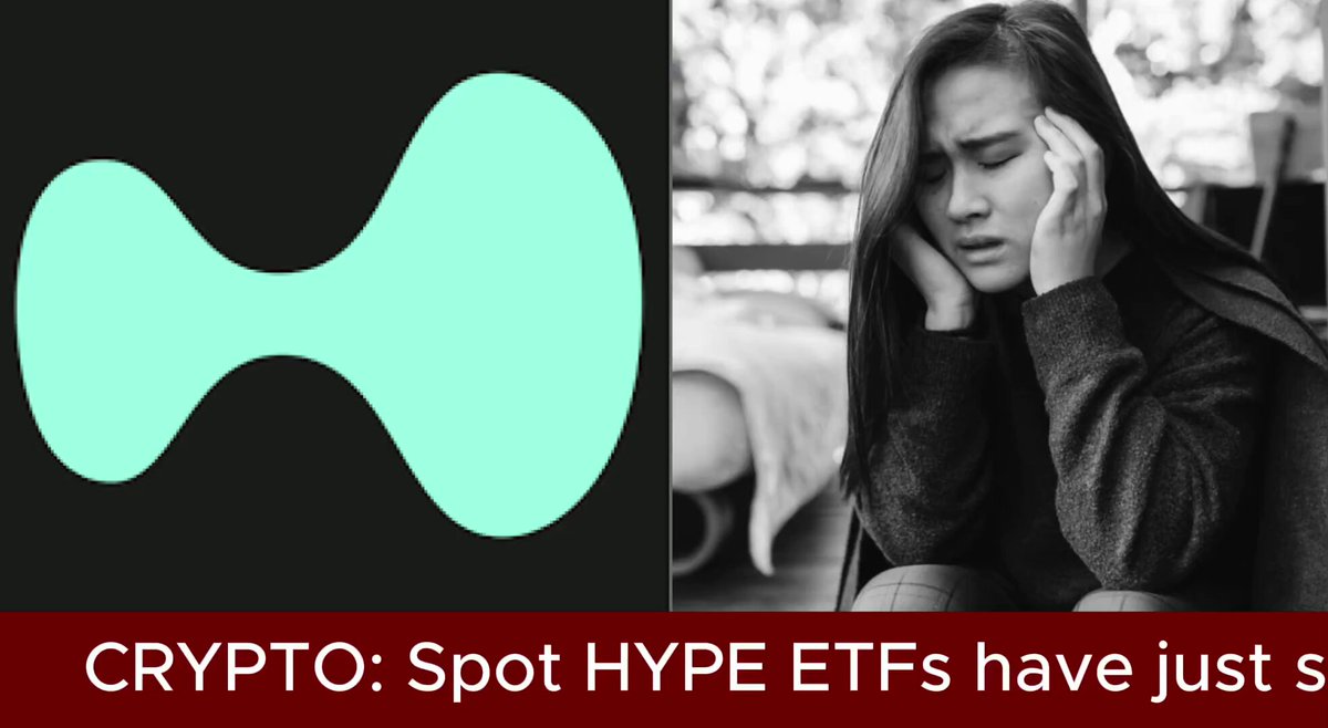 The image features a woman sitting down with her head resting on her hand, looking distressed or sad. The background shows a black and white photo of the same woman's face, but without any facial expression. Below this image, there is text that reads "Crypto: Spot Hype ETFs have just s".