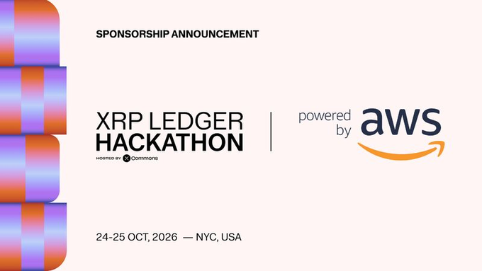 A sponsorship announcement graphic for the XRP Ledger Hackathon powered by AWS, hosted by Ripple with Commons, taking place October 24-25, 2026 in NYC, USA, featuring colorful stacked book-like designs on the left side.