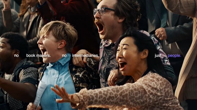 A crowd cheers with text superimposed reading "no book makers. no intermediaries. just people." This visually represents Melee's belief in person-driven markets, aligning with their PMM model that benefits traders, creators, and passive capital.