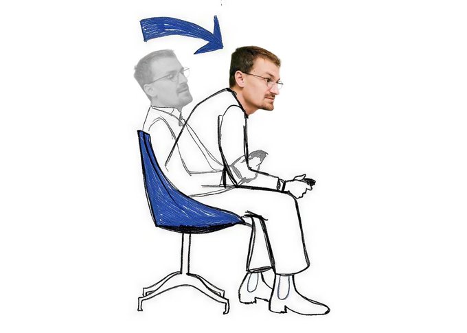 The main focus of this image is a man sitting in a blue chair, which is positioned against a white background. There are two different versions or drafts of the man in the image, making him appear like he's undergoing a transformation or being "chased". The biggest signal yet from an AI agent to another onchain app could be seen here as it represents the concept of direct communication and interaction between machines and other digital systems.