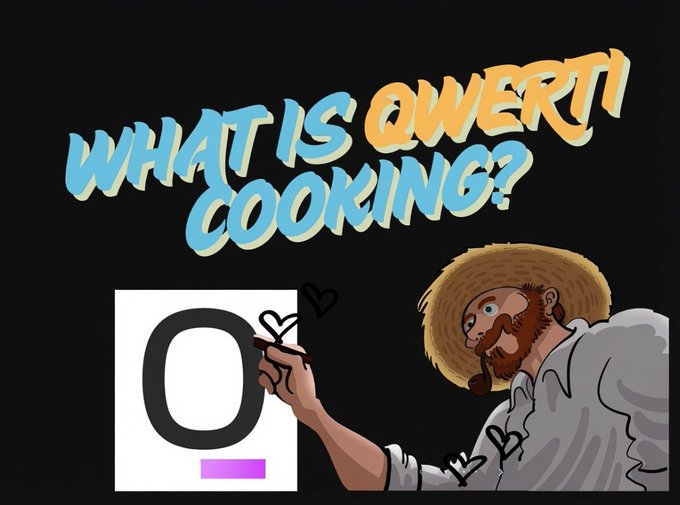 A graphic asking 'What is QWERTI cooking?' in stylized blue and orange text, showing a cartoon farmer writing a large 'O' on a sign with a heart on top.