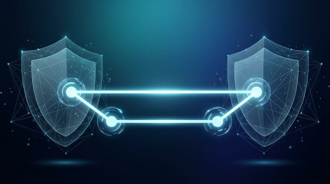 A digital graphic depicts two glowing blue shields connected by a network line, symbolizing a secure connection or data transfer.