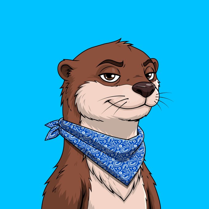 A cartoon illustration of a brown otter wearing a blue paisley bandana against a bright blue background.