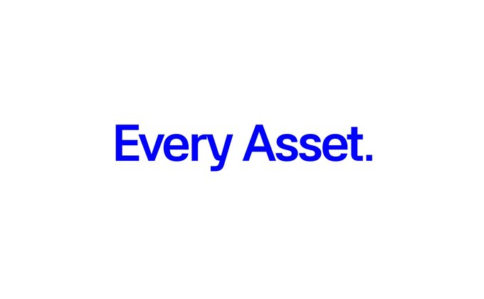 The image displays the text "Every Asset." in bold blue letters on a white background, conveying a comprehensive, all-inclusive message. This phrase reinforces the accompanying post about being "traded on @base," suggesting broad trading availability or inclusivity across all assets on the Base platform.