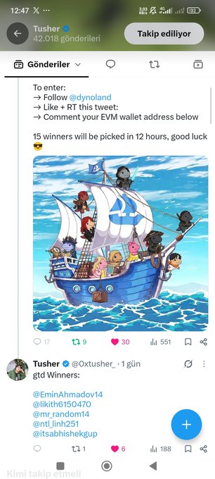 A screenshot of a Twitter post by Tusher (@Octusher_) announcing giveaway winners for a collaboration with @dynoland, featuring an illustration of a ship full of cartoon characters.