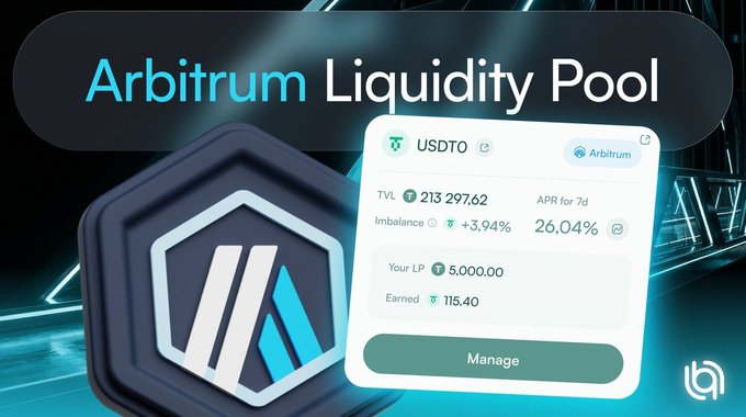 The image focuses on a screen displaying the terms "Arbitrum Liquidity Pool" written in white letters at the top. Below that, there's an illustration of a hexagon with blue and white stripes placed above the text. A small token is shown below the term "Arbitrum". The post appears to be promoting a cryptocurrency exchange called Arbitrum, which has attracted users due to its practicality and affordability in terms of transaction costs compared to other exchanges.