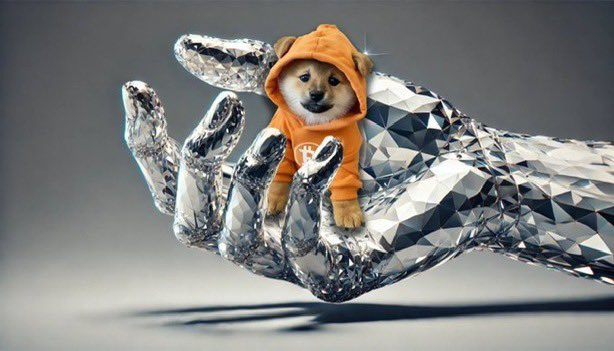 3D render of a Shiba Inu dog wearing an orange hoodie sitting in the palm of a faceted silver metallic robotic hand against a gray background.