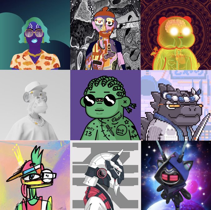 A 3x3 grid showcasing nine NFT character collections, including World of Women, Hashmasks, Kanpai Pandas, HAPE, Deadfellaz (visible text "BABY 13" and "Deat"), Kaiju Kingz, SupDucks, 0n1Force, and RTFKT, with stylized portraits ranging from pixel art to detailed illustrations. The image visually represents the user's curated NFT portfolio, with text "BABY 13" visible on the Deadfellaz character.