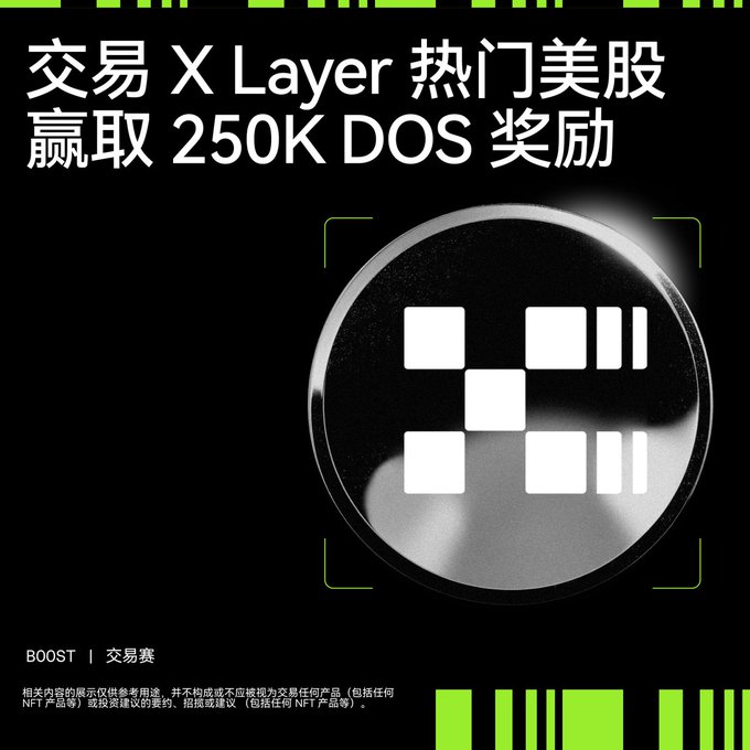 Chinese-language advertisement reading '交易 X Layer 热门美股 赢取 250K DOS 奖励' (Trade X Layer popular US stocks, win 250K DOS rewards), featuring a black coin with an OKX-style logo and 'BOOST | 交易赛' text.