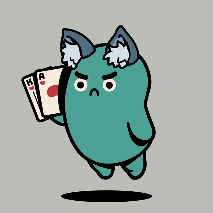 A teal, bean-shaped cartoon character with cat-like ears and a grumpy expression holds two playing cards—a King of Hearts and an Ace of Hearts—while floating above a shadow, matching the playful "Taco Tuesday" / Azuki TCG NFT vibe of the post.