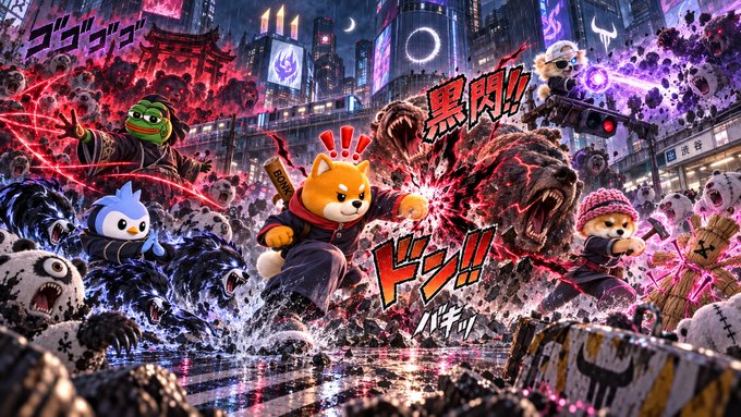 An action-packed digital illustration showing cute animal characters battling dark monstrous creatures in a neon-lit Japanese city, with Japanese text shouting 'ドン!!' and '黒閃!!'.