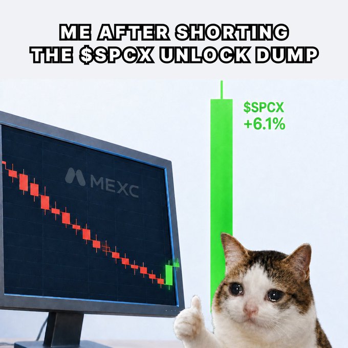 A cat gives a thumbs up next to a MEXC trading chart showing $SPCX down with red candles and a green bar indicating a +6.1% gain, captioned "ME AFTER SHORTING THE $SPCX UNLOCK DUMP." The image humorously illustrates the post's "plot twist"—despite betting on a price drop during the token unlock, $SPCX actually rallied 6.1%, leaving the short-squeezed trader celebrating the unexpected win.
