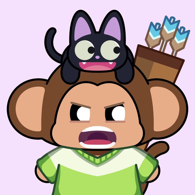 A cartoon chimp character with an angry expression wears a green and white shirt, with a small black cat perched on its head and a quiver of arrows on its back, aligning with the post's promotion of the "Chimpers" NFT collection.