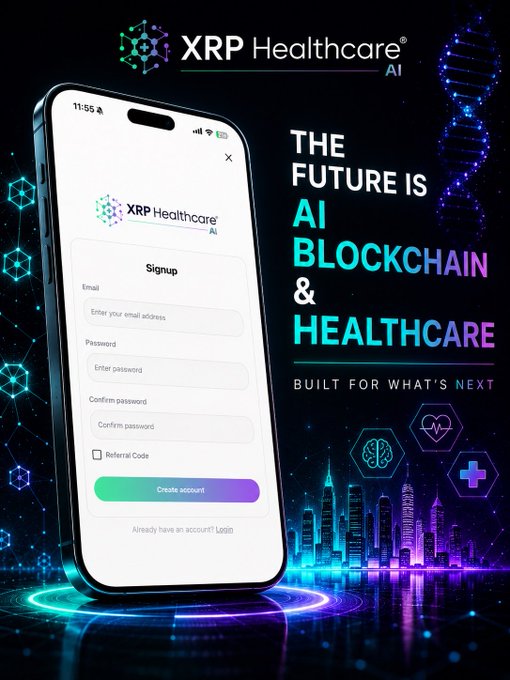 A promotional advertisement for XRP Healthcare AI showing a smartphone displaying a signup screen with the tagline 'THE FUTURE IS AI BLOCKCHAIN & HEALTHCARE - BUILT FOR WHAT'S NEXT'.