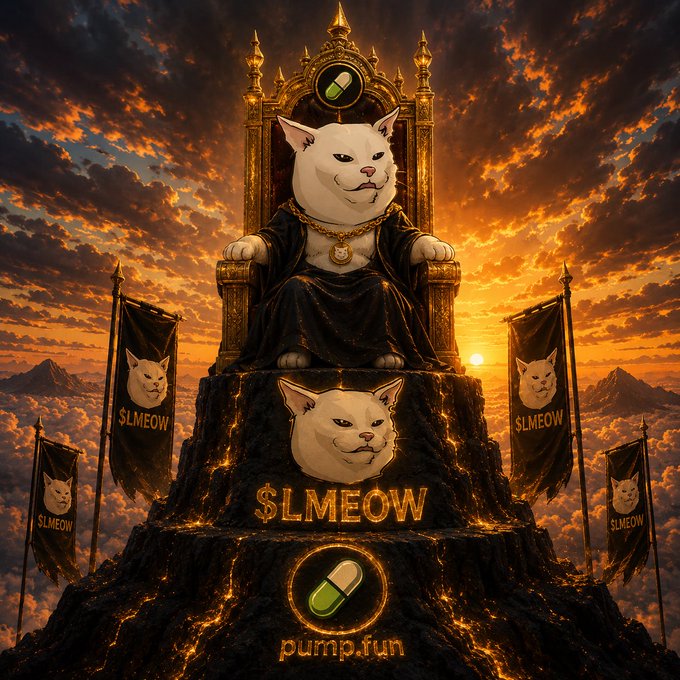 A dramatic digital artwork of a cat sitting on a golden throne atop a rocky mountain, wearing a black robe and gold chain, with banners reading '$LMEOW' and 'pump.fun' at sunset.