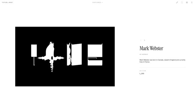 A clean, minimalist gallery page on verse.works featuring artist Mark Webster's black-and-white artwork (titled "1_000"), with the brief caption noting that Webster was born in Canada, raised in England, and lives in France.