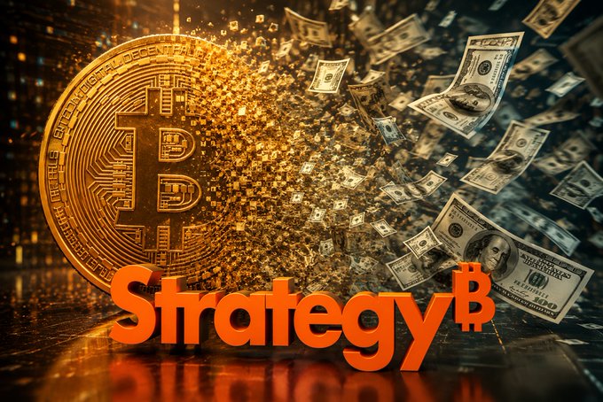 A golden Bitcoin coin with dollar bills scattering outward, with the word "StrategyB" displayed prominently in orange.