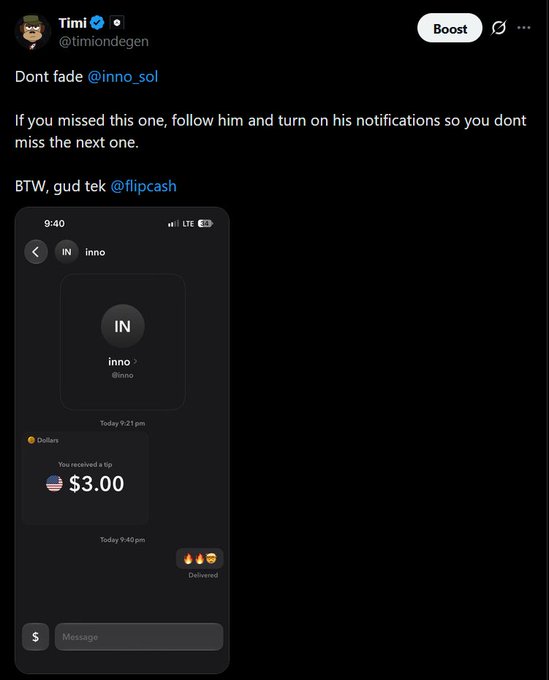 A screenshot of a tweet from Timi (@timiondegen) promoting @inno_sol and @flipcash, featuring a phone screenshot showing a $3.00 tip received from inno at 9:21 pm, followed by fire emojis sent in reply at 9:40 pm. The image illustrates the "free money" tip giveaway mentioned in the post, showing evidence of a successful Flipcash tip transaction.