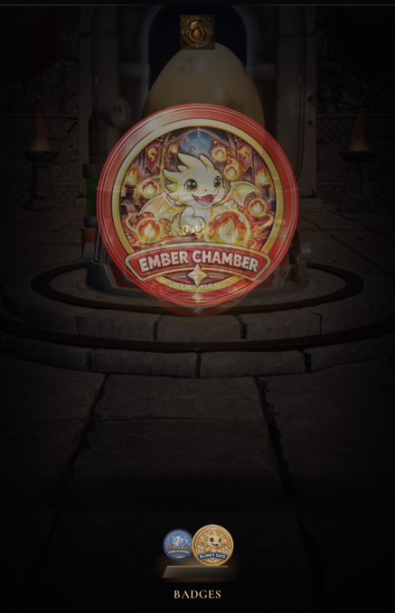 Mobile game screen displaying a circular 'EMBER CHAMBER' emblem featuring a cute orange dragon character.