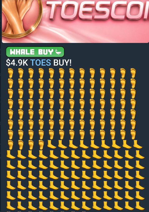 An image with the header 'TOESCOIN' showing a 'WHALE BUY' of '$4.9K TOES BUY!' above a grid of numerous foot emojis (👣).